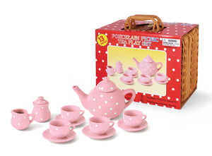 Porcelain Tea Set in Basket - Pink Polka Dots