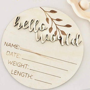 Classic Hello World Natural Wooden Birth Annoucement Disc